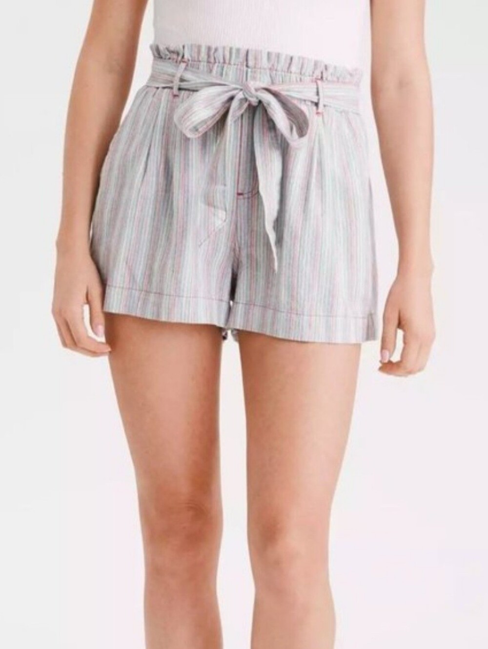 American Eagle Small Cotton Linen Blend Paper Bag Belted Pull On Striped Shorts